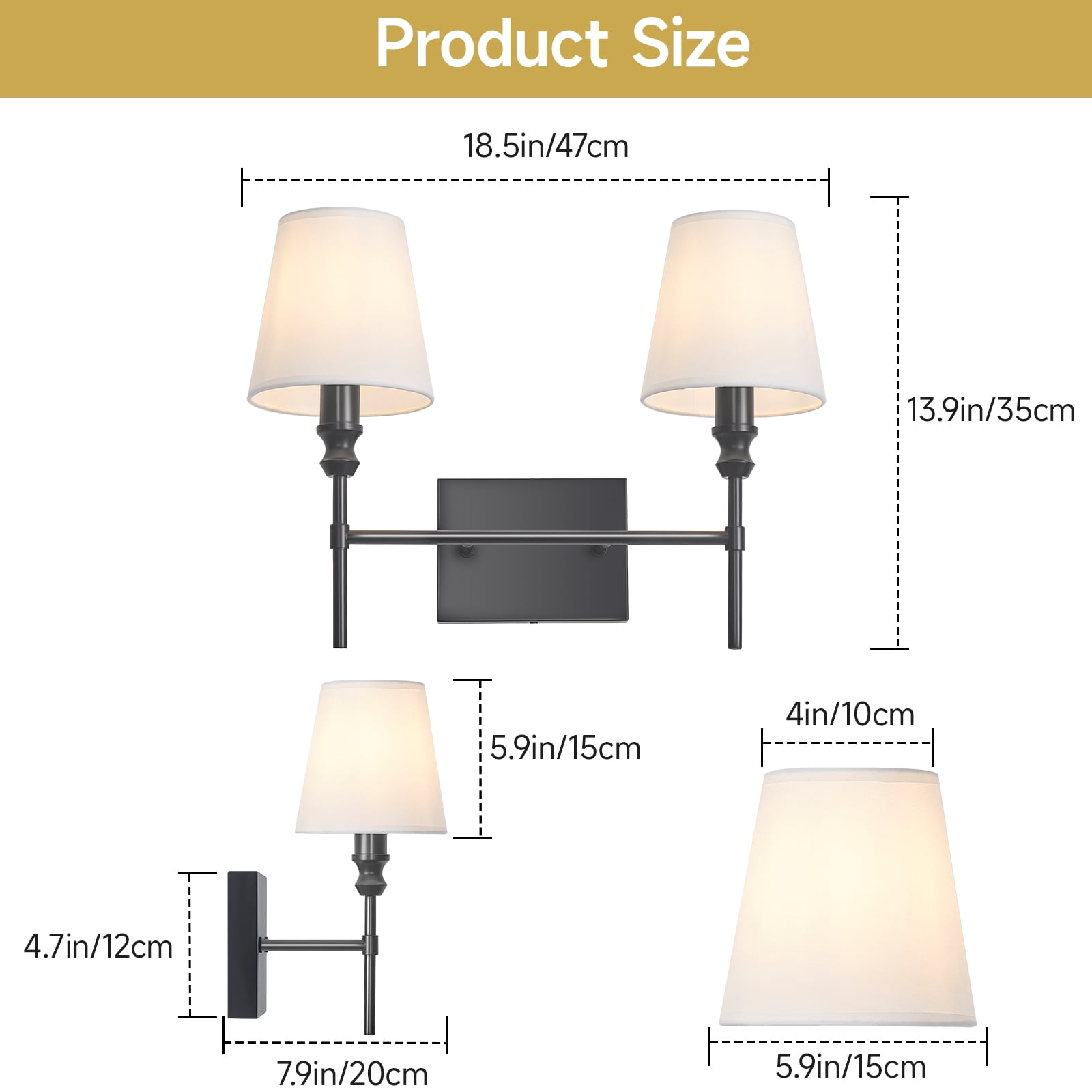 2-Light Vanity Lights for Bathroom,18.5 in Vintage Black Bathroom Vanity Light Fixtures,with Flared White Fabric Lampshade for Bedroom,Living Room,Foyer,Hardwired,E12 Base