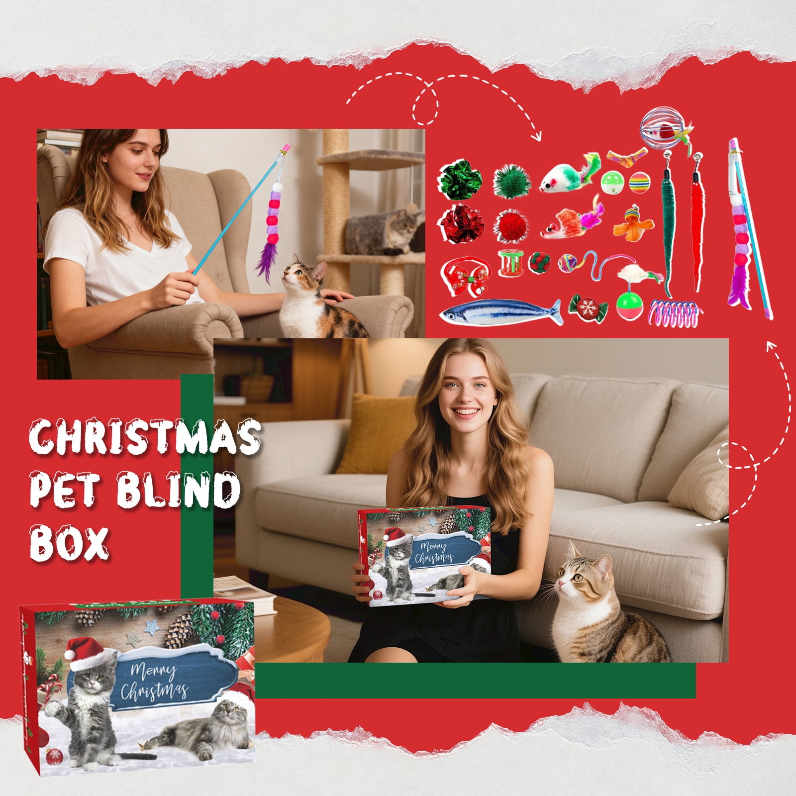 SugarBloom Christmas Pet Toy Advent Calendar, 24-Day Countdown Blind Box with Cat Teaser Wand, Tunnel Toys & Bell, Interactive Holiday Gift for Cats, Christmas Cat Toy Set,