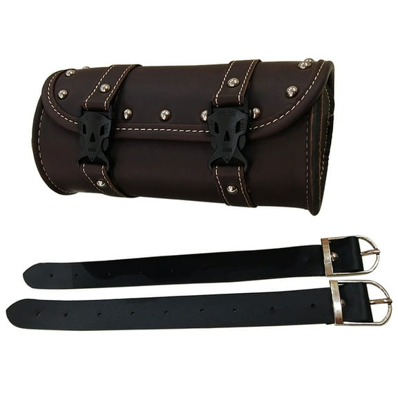 unbranded Universal Motorcycle Saddlebag PU Leather Waterproof Tool Bag Mounting Strap Round Storage Bag (Dark Brown)