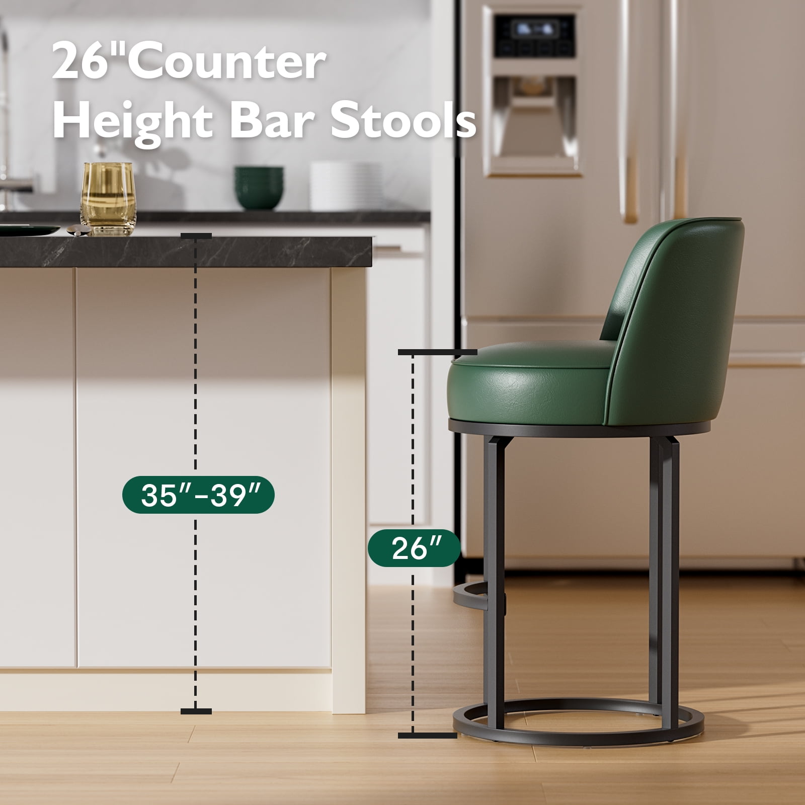 Genpo Bar Stools Set of 6, 26 inch Counter Height Bar Stools, Swivel Green Leather Barstools with Backs, Round Base, Footrest, Metal Legs for Kitchen Island