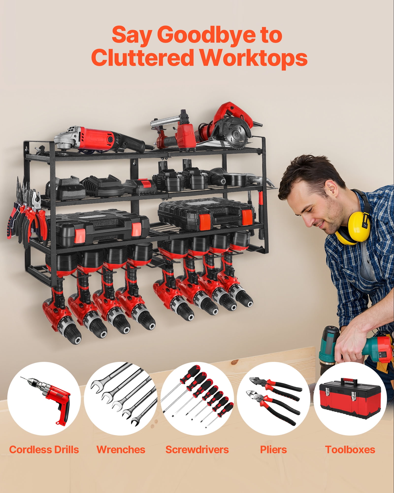 VEVOR Power Tool Organizer Wall Mount, 4-Layer Storage Rack with 8 Drill Holders, Tools Holder and Storage Rack with Screwdriver Holder, Garage Tool Organizer for Garage, Workbench, and Workshop
