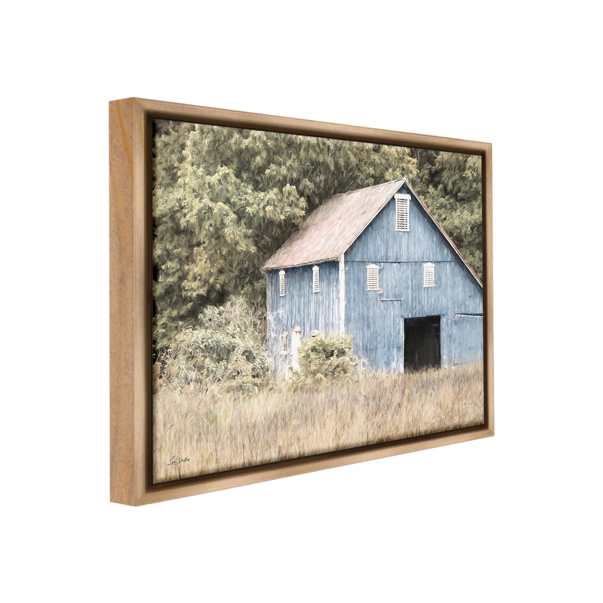 Stupell Industries Rustic Blue Barn Landscape Painting Brown Floater Framed Canvas Art Print Wall Art, 31 x 25