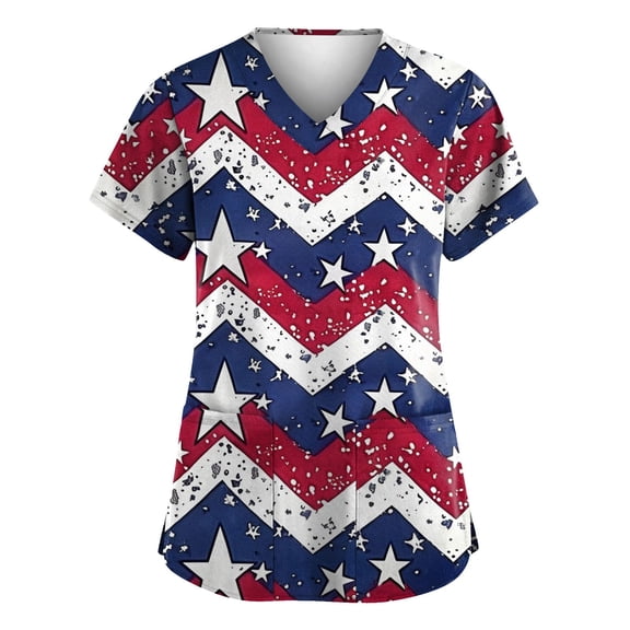 4th of July Scrubs Women Short Sleeve Patriotic Print 250th Anniversary Scrub Tops Medical Nursing Scrubs with Pockets