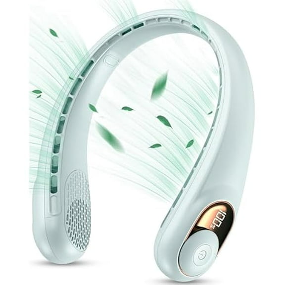 FU1999 Neck Fan, Portable Fan, Neck Fans Rechargeable, Upgraded LED Display, 4000 mAh Battery Operated, 3 Speeds Adjustable Personal Wearable Fan, Gifts for Women Men, Greenish White