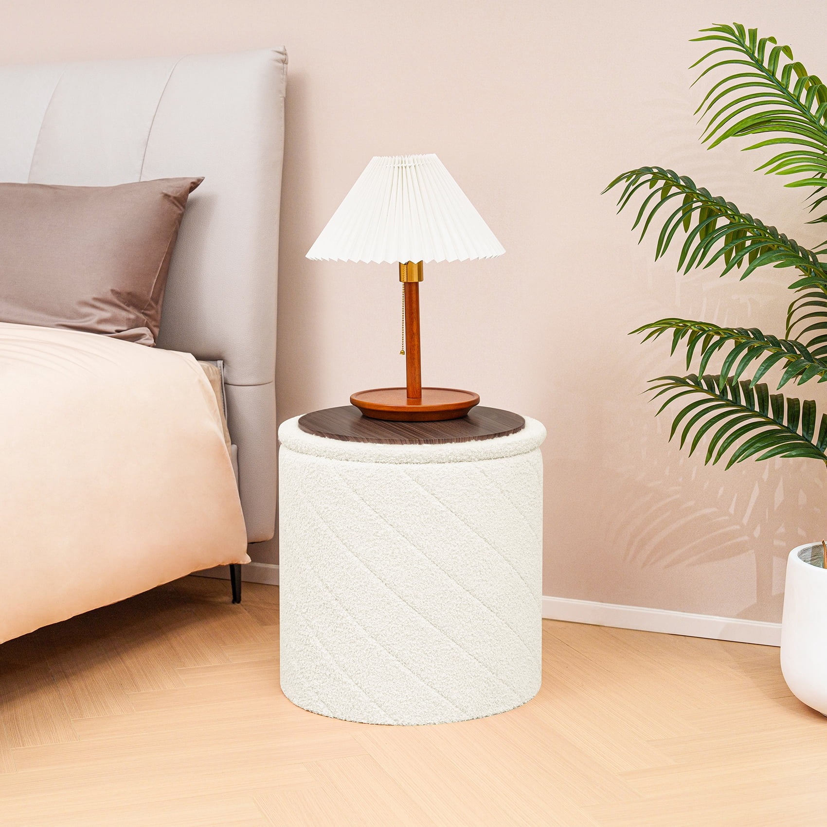 PINPLUS 16.9" Storage Ottoman with Tray Collapsible Foot Rest Stool Seat for Living Room White,Sherpa Fabric
