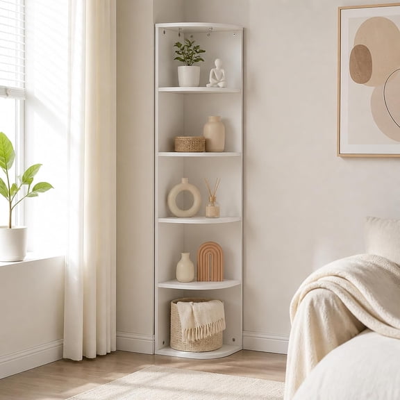 5-Tier Corner Bookshelf, Open Shelves Bookcase, Storage Organizer, Book Shelf, 9.3 x 12 x 51.7, for Living Room, Home Office, Bedroom, White