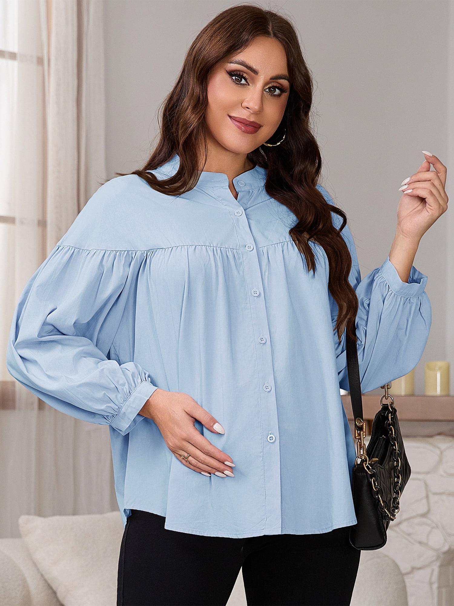 DARING DIVA Women's Maternity Nursing Button Down Business Pleated Tops L Blue