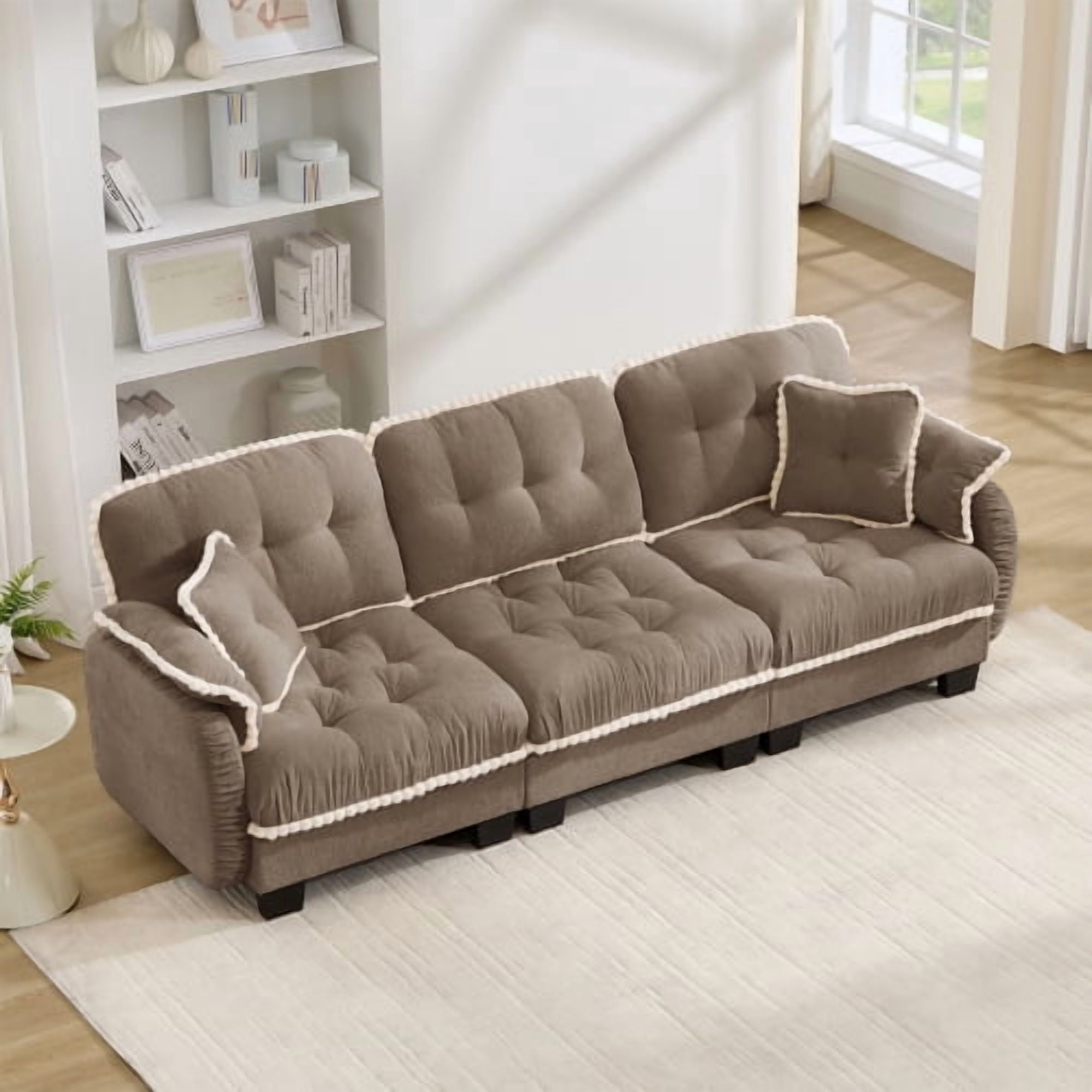 Anpport Modern Aesthetic Brown 3-Seater Chenille Sofa, Quilted Tufted Couch with Pom-Pom Trim, Includes 4 Throw Pillows for Small Space, Apartment, Office & Living Room