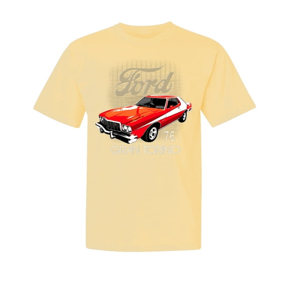 Wild Bobby, Ford '76 Gran Torino Wheels on Fire, Cars and Trucks, Garment-Dyed Washed Look Short Sleeve Tees, Banana, Large