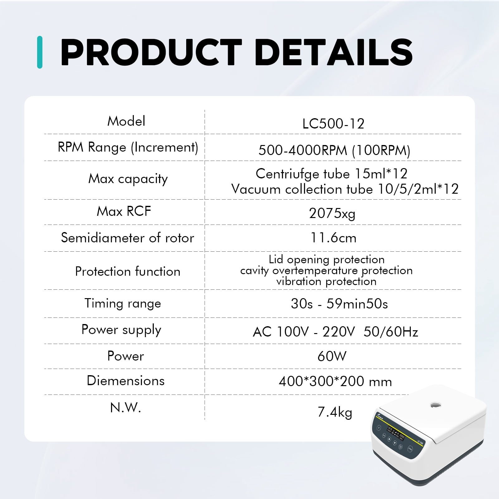 LAB FISH LC500-12 Low Speed Lab Centrifuge, 12-Place 4000rpm, 2075xg, 9 Programs, for 2ml/5ml/10ml/15ml Tubes – Benchtop Machine for PRP, Plasma, PRF Separation