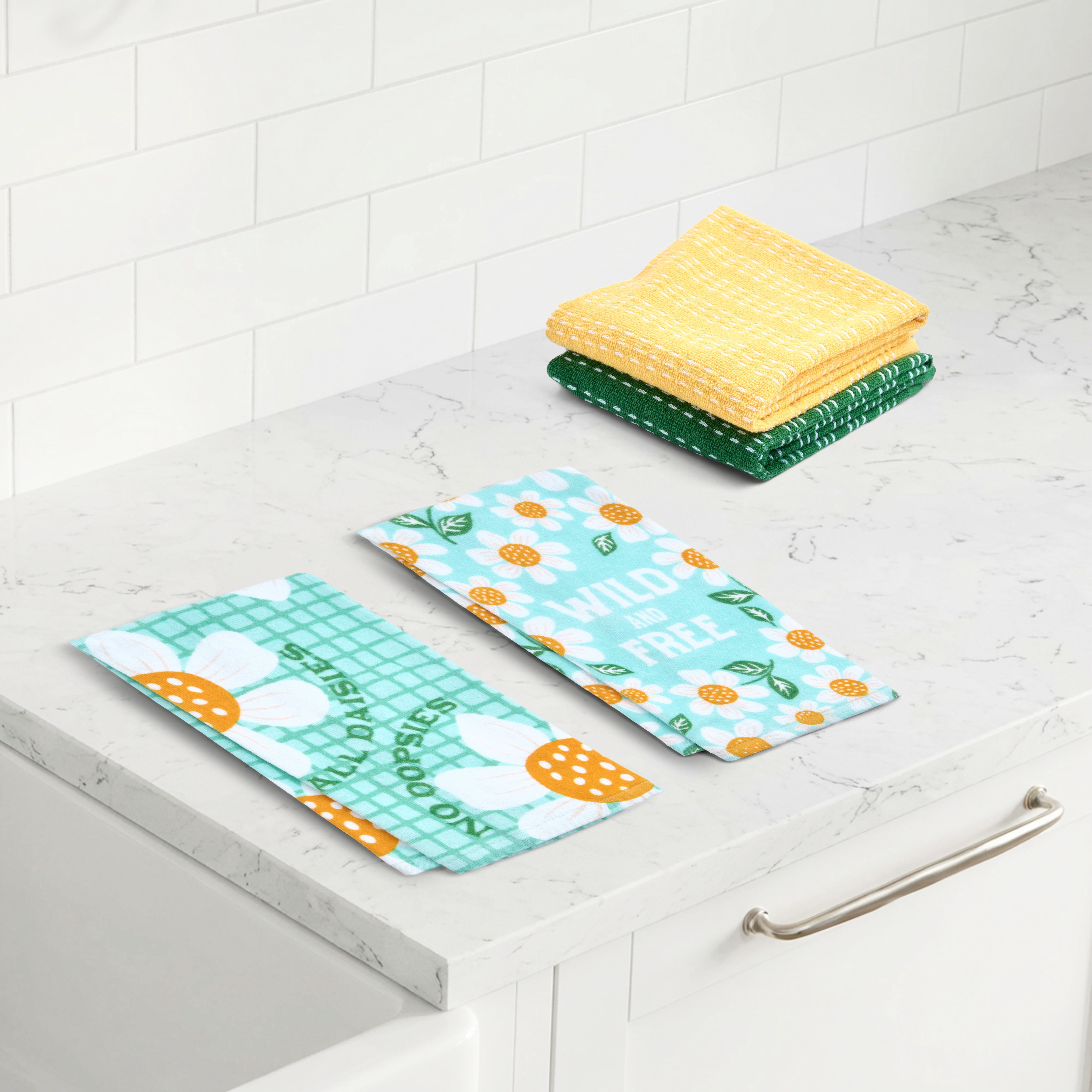 RITZ 100% Cotton Summer Kitchen Towels, Set of 4, Daisy Free Dish Towels Set