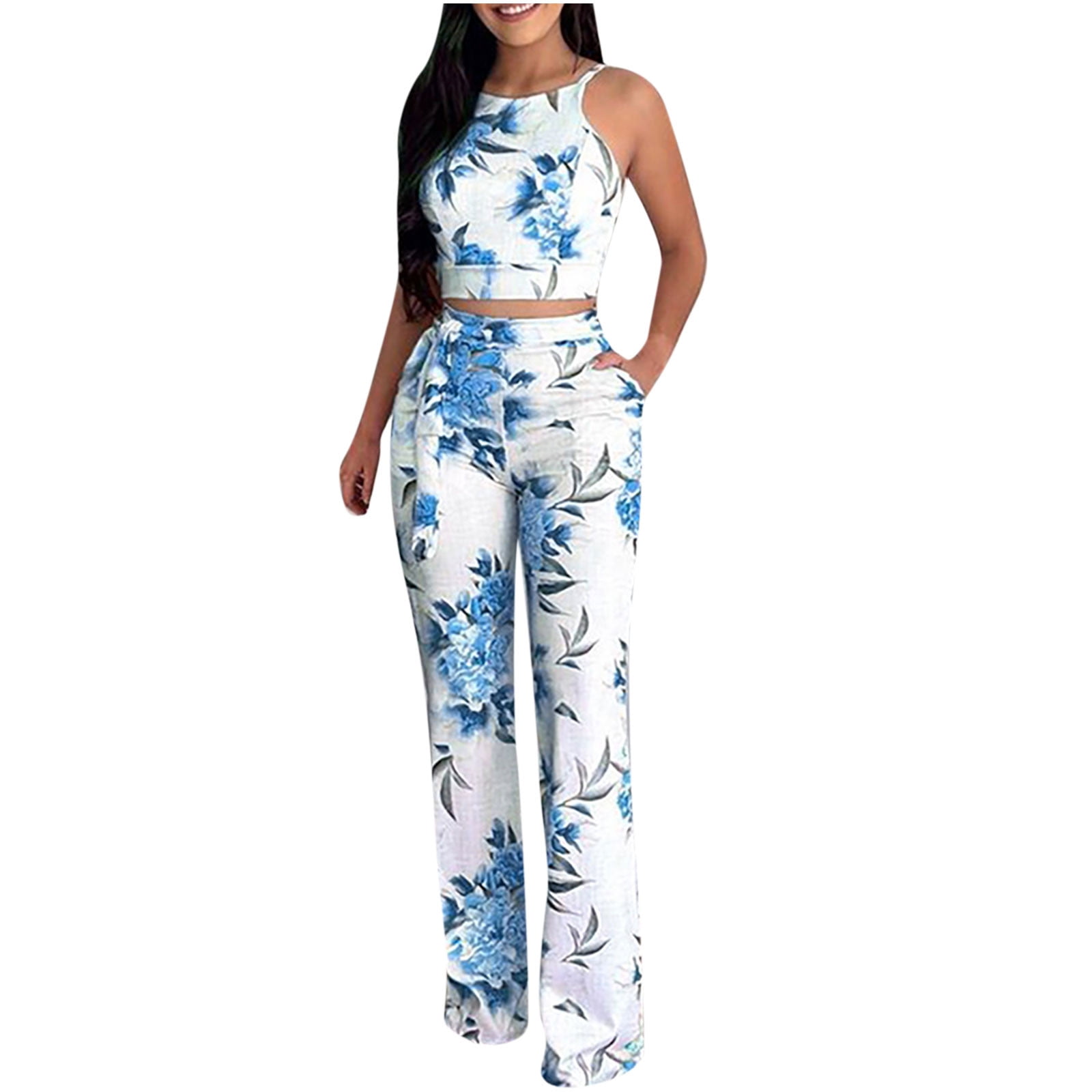 Blue 2-Piece Set - Blue Flare Pants - Handkerchief Top