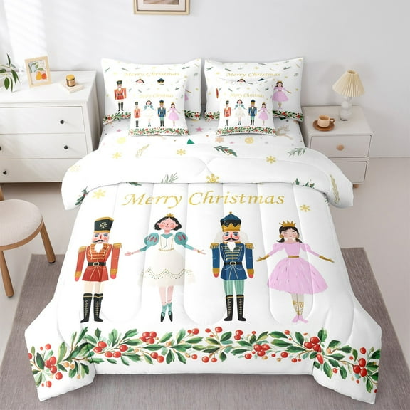 jejeloiu Marry Christmas Twin Bedding Sets 7-Piece,Red Nutcracker Bedding Comforter Set,Chic Princess Prince Sheet Sets For Girls Boys,Ultra Soft Home Decor Reversible