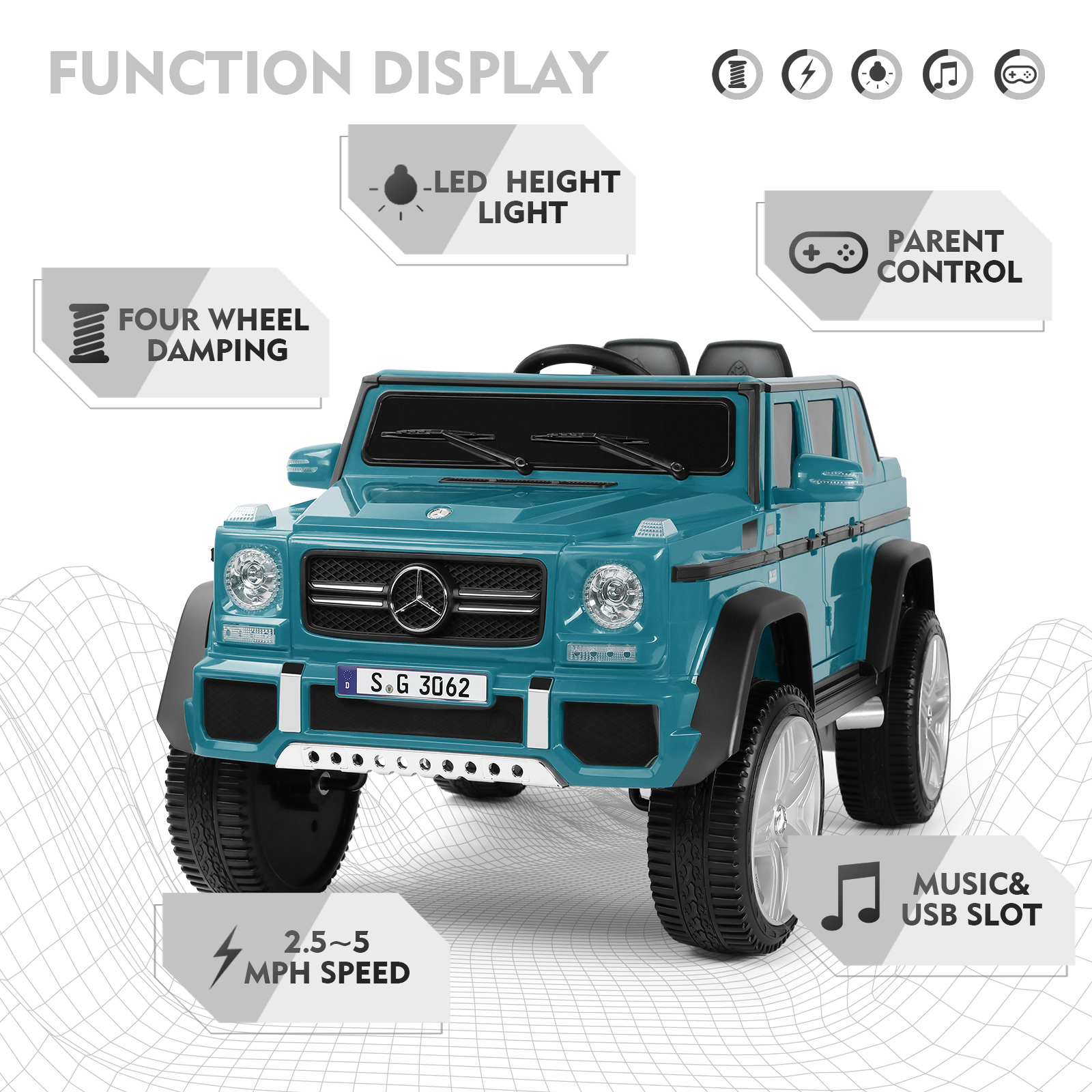 JOYLDIAS 12V Mercedes-Benz G650S Kids Ride on Car Electric Toy w/Remote, 3 Speeds, Lights, Bluetooth, Music, Blue