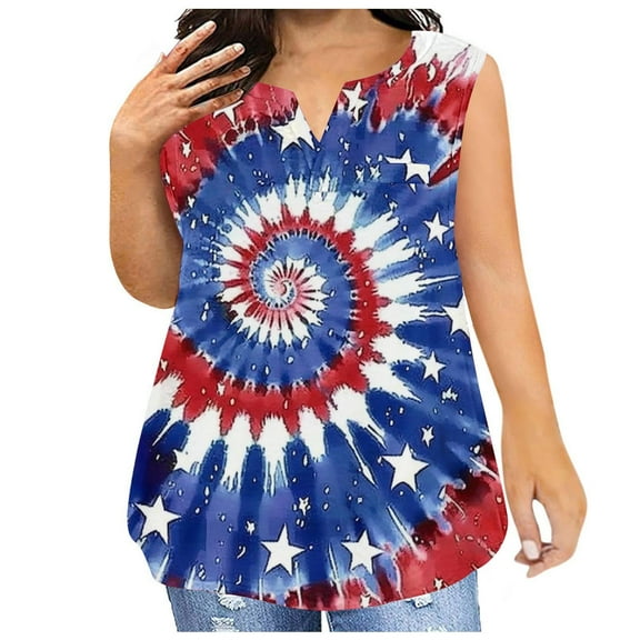 VKOYWKM Women Plus Size Tank Tops Patriotic American Flag Print Top Sleeveless V Neck Tanks Independence Day Red White and Blue Tank Shirts