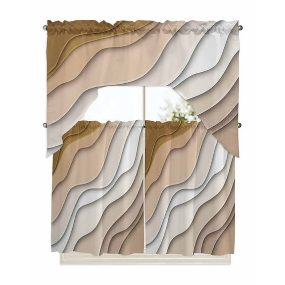 Abstract Ocean Seawaves, Kitchen Curtains Swag Valance and Tier Curtains Set 36 Inch Length, Modern Ombre Brown White Geometric Color Art Rod Pocket Drape Pair Swag Curtains for Bathroom/Cafe/Window