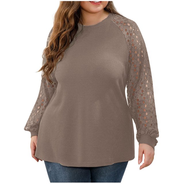 Plebaso Hauts pour Femmes Grande Taille à Manches Longues Ajourées Blouses Patchwork Col Rond Mode Féminine