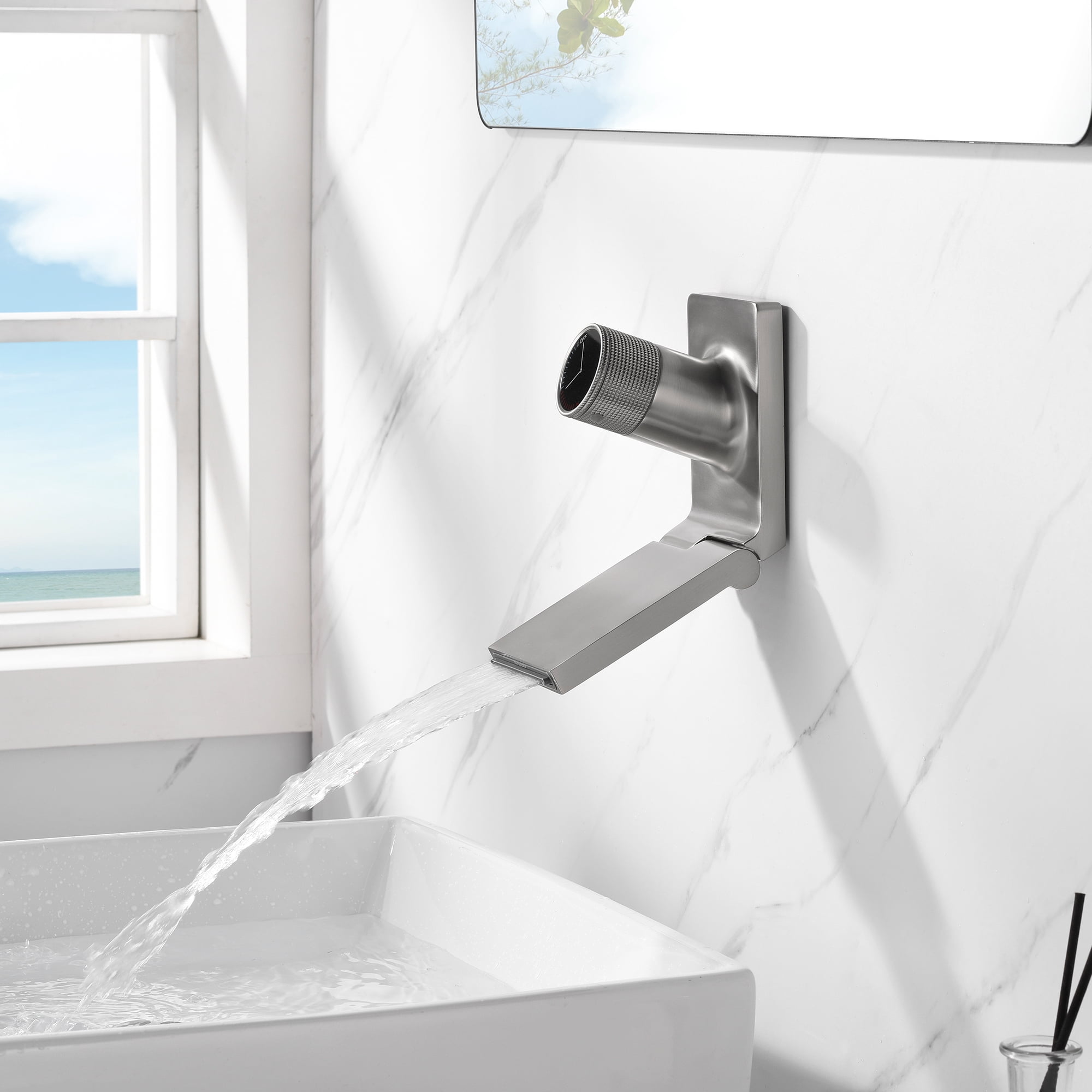 SUMERAIN Wall Mount Waterfall Bathroom Faucet, Bathroom Sink Faucet Modern Vessel Faucet with Foldable Spout,Brushed Nickel