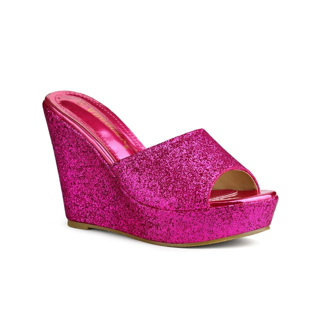 BLISSFUL STEP Sandales à Talons Compensés à Enfiler à Plateforme Pailletée pour Femmes Rose Vif 5,5