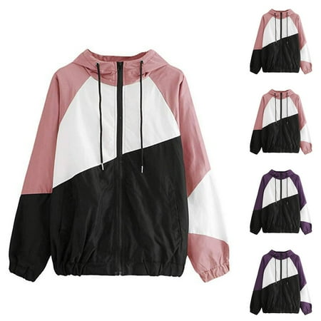 YUGYXL Lightweight Jacket for Women Trendy Drawstring Zip Up Hoodies Casual Color Block Sun-Protection Jackets Fall Plus Size Outwear Gift for Mom Purple,XXXXL
