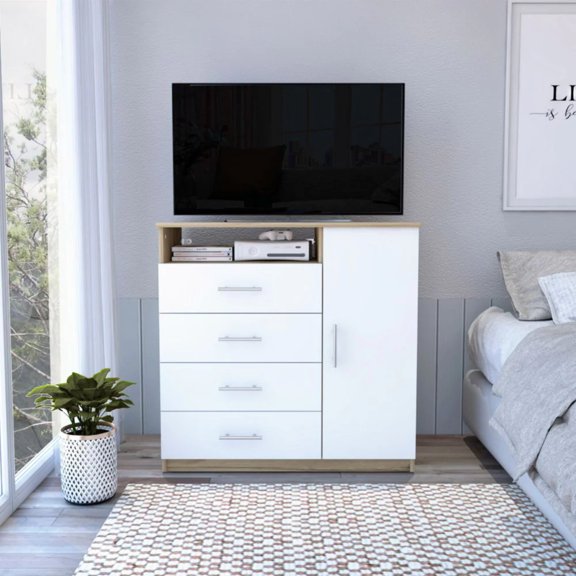 Rioja 4 Drawer Dresser, One Open Shelf, Superior Top, Single Door Cabinet