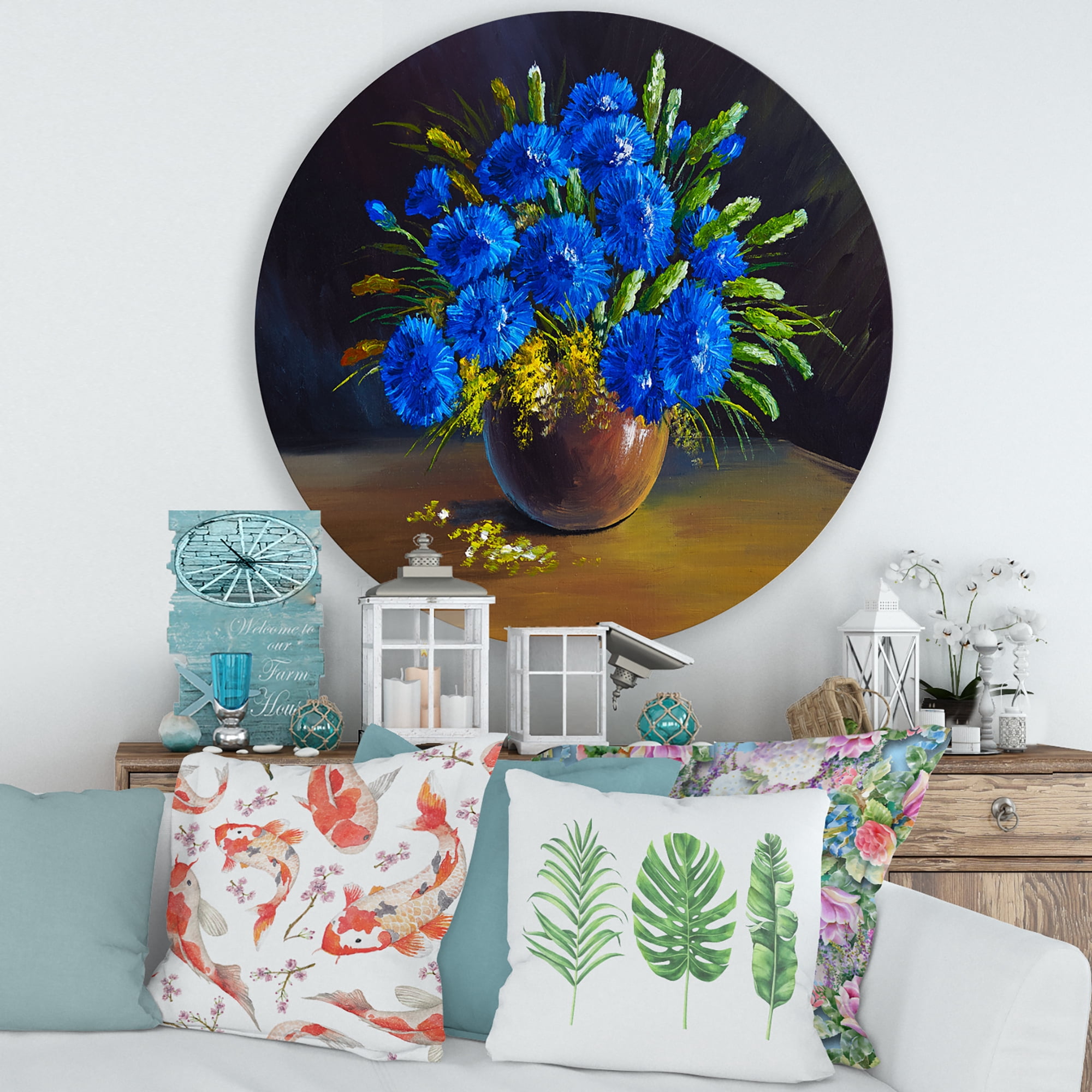 Designart 'Still Life A Bouquet Of Blue Wildflowers In Vase' Traditional Circle Metal Wall Art 29x29 - Disc of 29