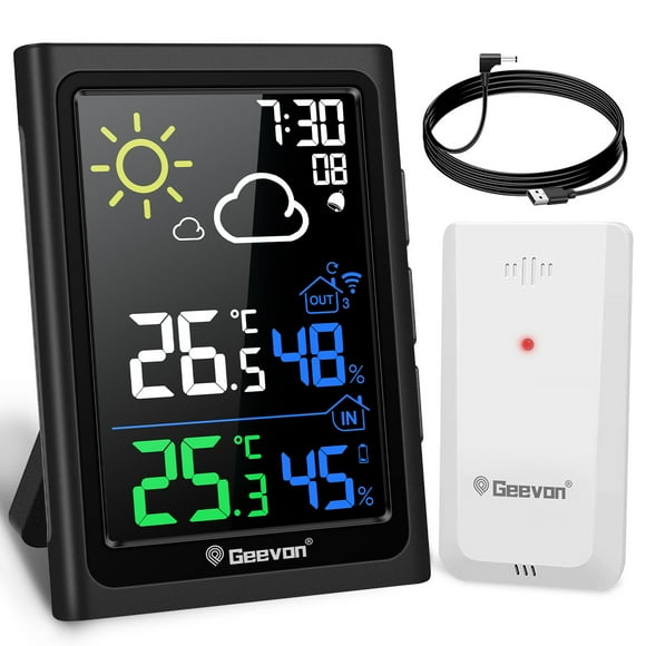 Geevon Indoor Outdoor Thermometer Wireless, Color Display Weather Station Wireless Indoor Outdoor Thermometer, Temperature Humidity Monitor with Alarm Clock and Backlight