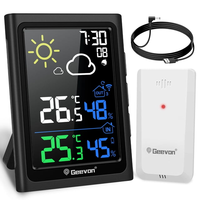 Geevon Indoor Outdoor Thermometer Wireless, Color Display Weather Station Wireless Indoor Outdoor Thermometer, Temperature Humidity Monitor with Alarm Clock and Backlight