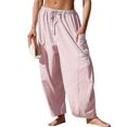thumbnail image 3 of Women's Wide Leg Striped Pants Casual Loose Drawstring Low Waist Palazzo Harem Pants with Pockets Pink L, 3 of 8
