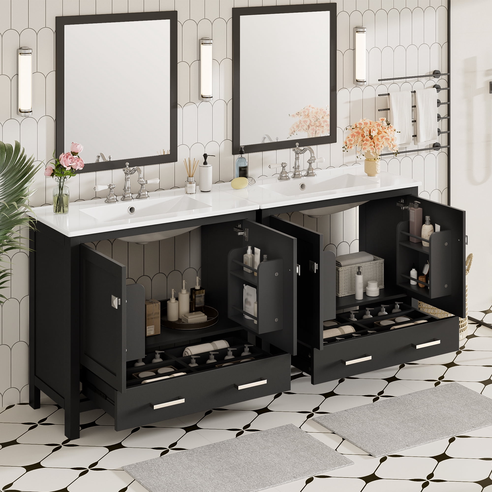 Harper & Bright Designs 72" Black Bathroom Vanity Sink Combo with Soft-Close Doors, Bathroom Floor Cabinet with Storage