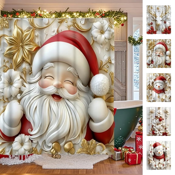 RBCKVXZ 3D Christmas Themed Shower Curtain 59x71 Inch, Waterproof Fabric Bathroom Partition Curtain, Stereo Xmas Holiday Bath Divider with Hooks