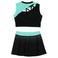 thumbnail image 4 of Lejafay Kids Girls Rhinestones Cheerleading Dance Outfit Cheer Leader Tops with Mini Skirt Carnival Party Blue Green 8, 4 of 5