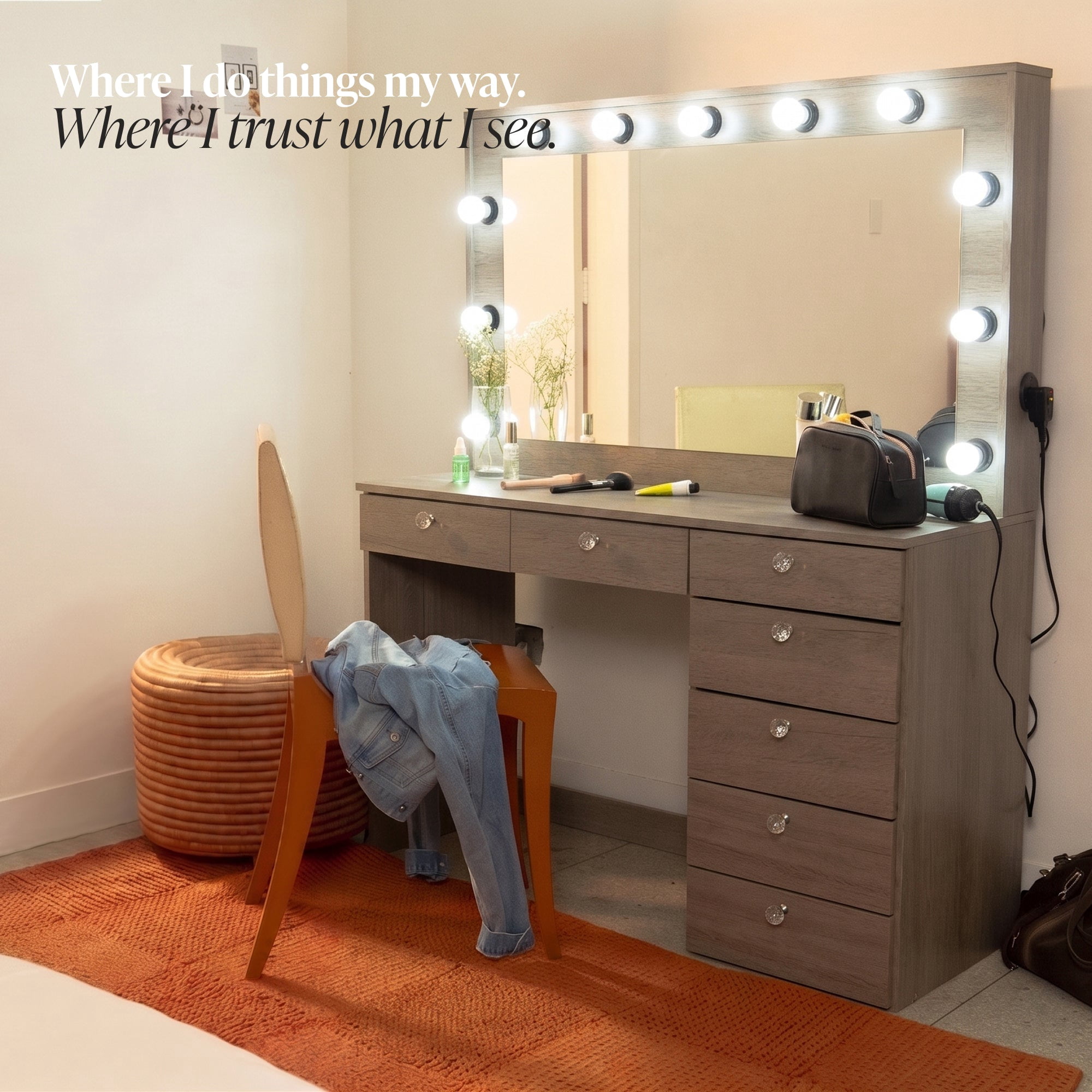 Ember Interiors Peggy Modern Large Greige Vanity Desk with Lighted Mirror, 7 Drawers, Power Outlet with USB Type-C and Crystal Knobs