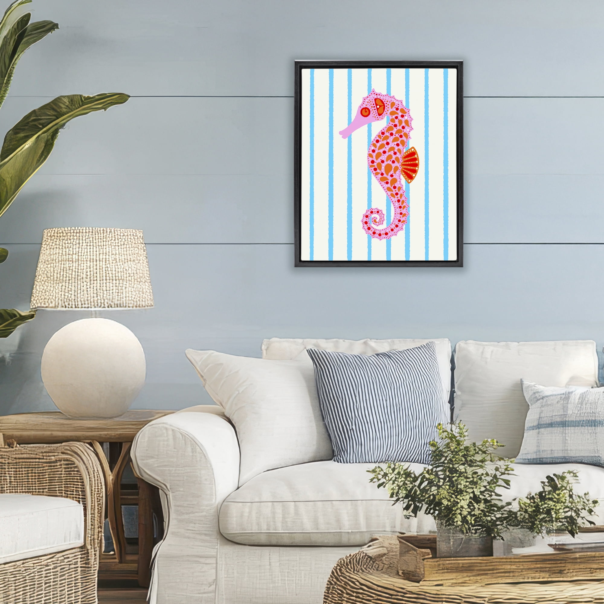 Stupell Industries Boho Seahorse on Stripes Black Framed Floater Canvas Wall Art, design by Indira Prieto | IndySign