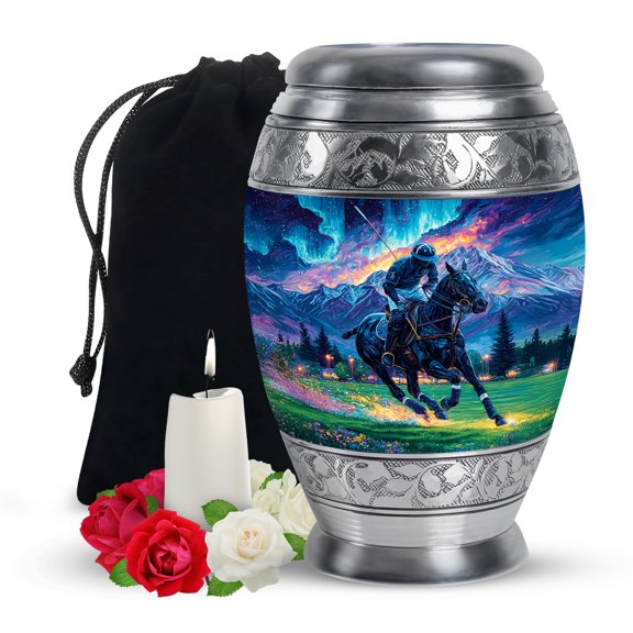 Yatskia Horse Polo with Mountains Large Funeral Urns for Human Ashes Adult Mother and Father, Decorative Cremation Urn for Ashes Adult Male, (Monar Large, 10 Inch)