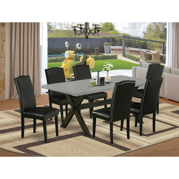 East West Furniture X697EN169-7 7-Pc Modern Dining Table Set - 6 Dining Padded Chairs and 1 Modern Cement Dining Table Top with High Stylish Chair Back - Wire Brushed Black Finish