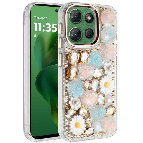For Motorola Moto G Power 5G 2025 Spectacular Full Bling Stones Glitter HQ Hybrid Floral Series - Gold