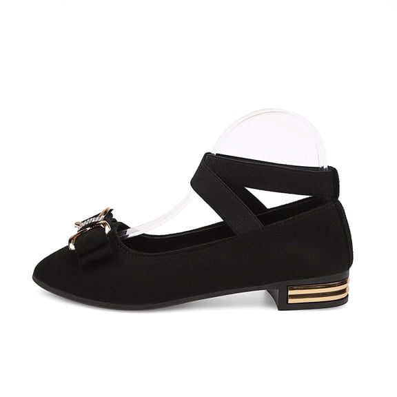 Rokment Sparkly Rhinestones Bow Dress Shoes Women Fall Elegant Casual Suede Pointed Toe Chunky Low Heel Elastic Strappy Ballet Flat for Bride Dressy Black Size 6