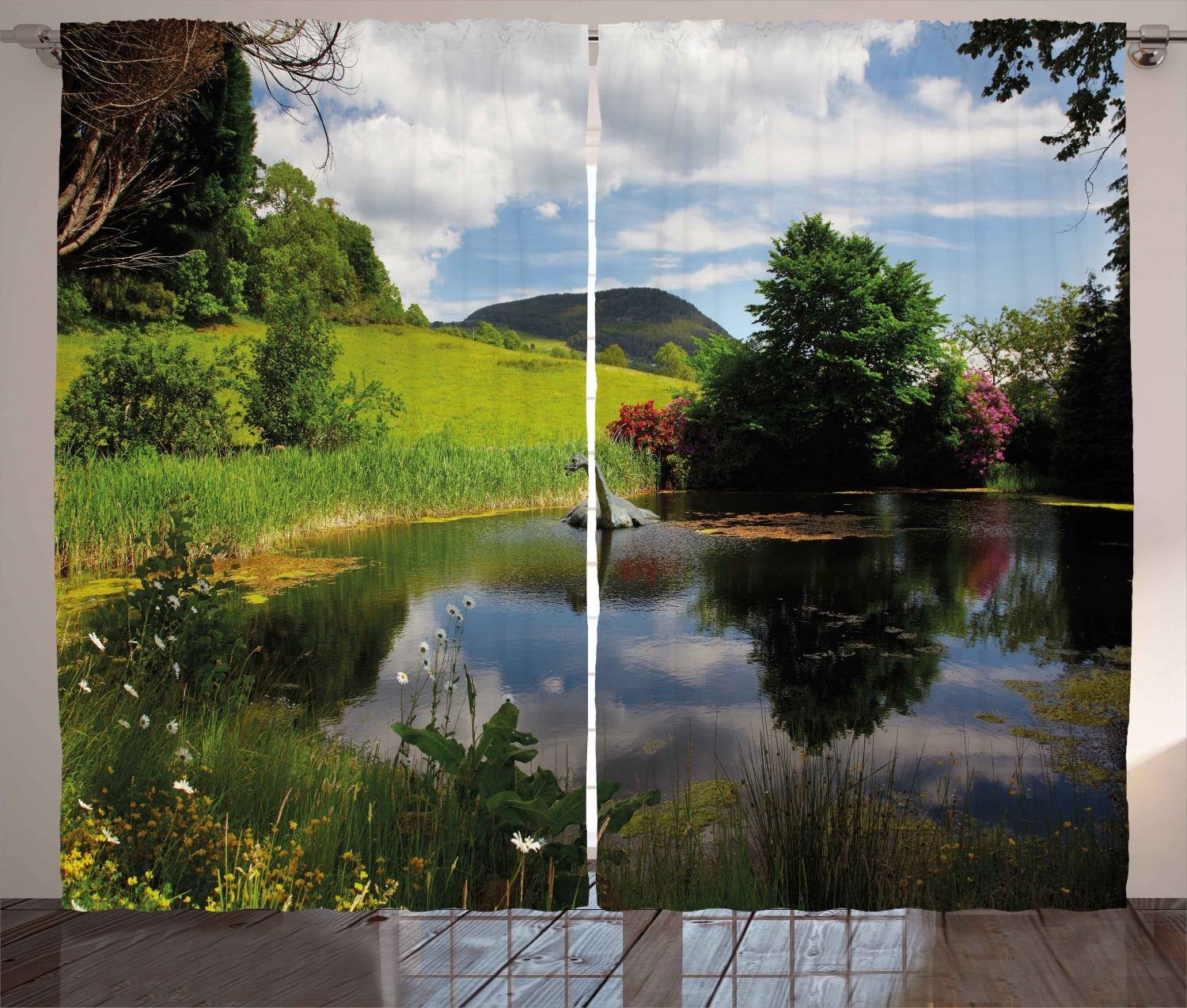 Nature Curtains 2 Panels Set, Lake by Meadow in a Sunny Day Rural