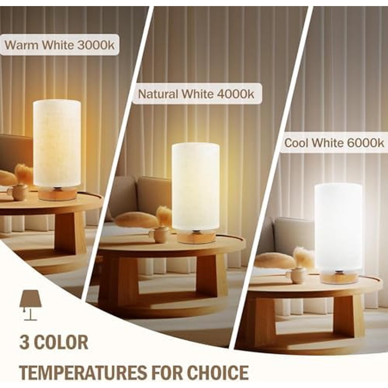 Small Bedside Table Lamp - Minimalist Wood Base With Fabric Shade, Warm White LED