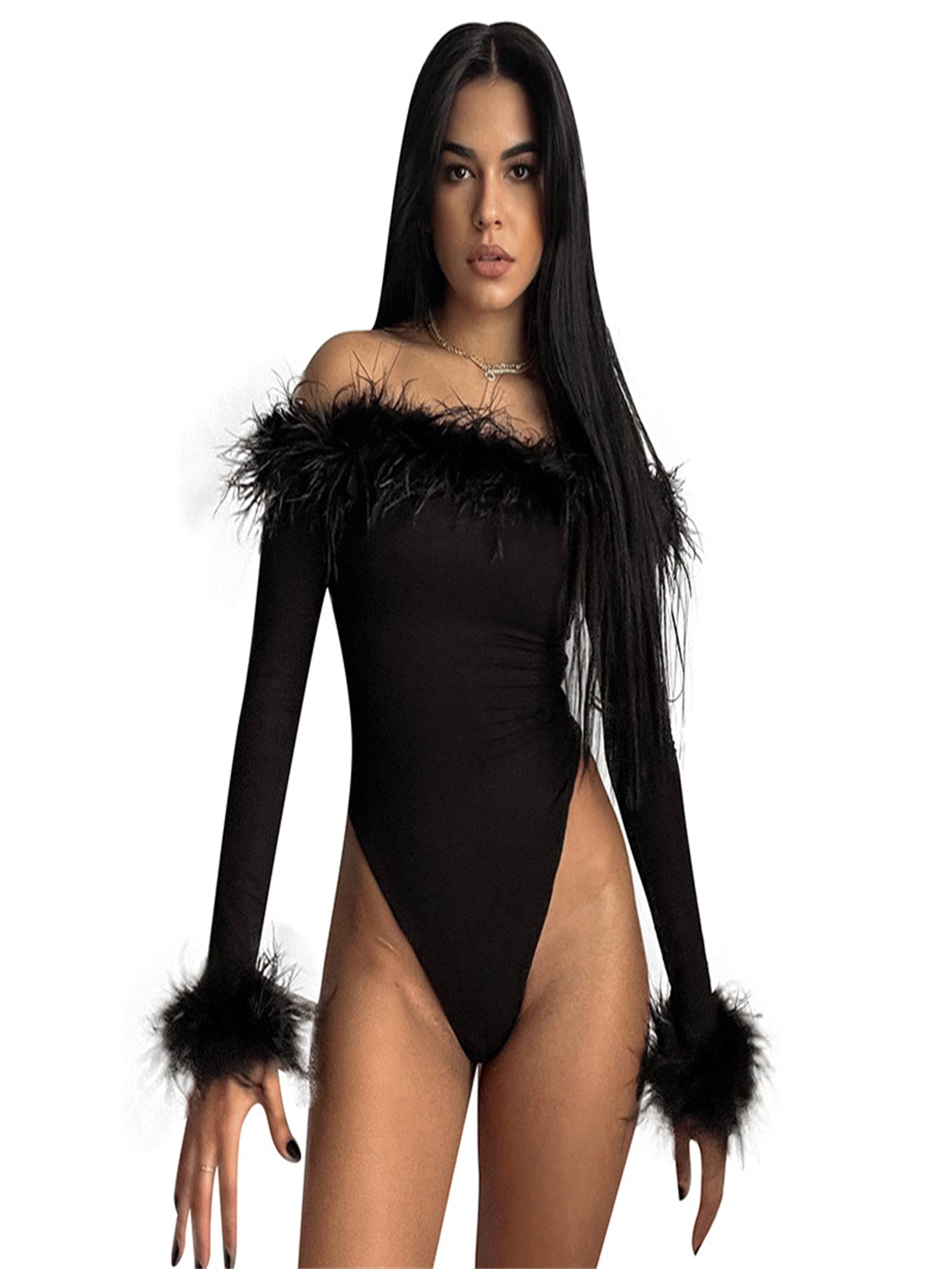 ICE Spicy Girl Long Sleeve Sexy Slim Fit Fur Off Shoulder Long Sleeve  Bodysuit,Black,L - Walmart.com