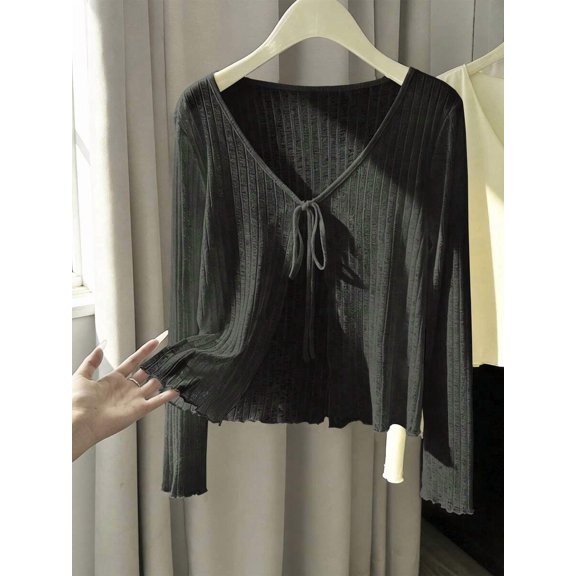 Womens Black Ribbed Knit Long Sleeve Top V-Neck Tie Front Lightweight