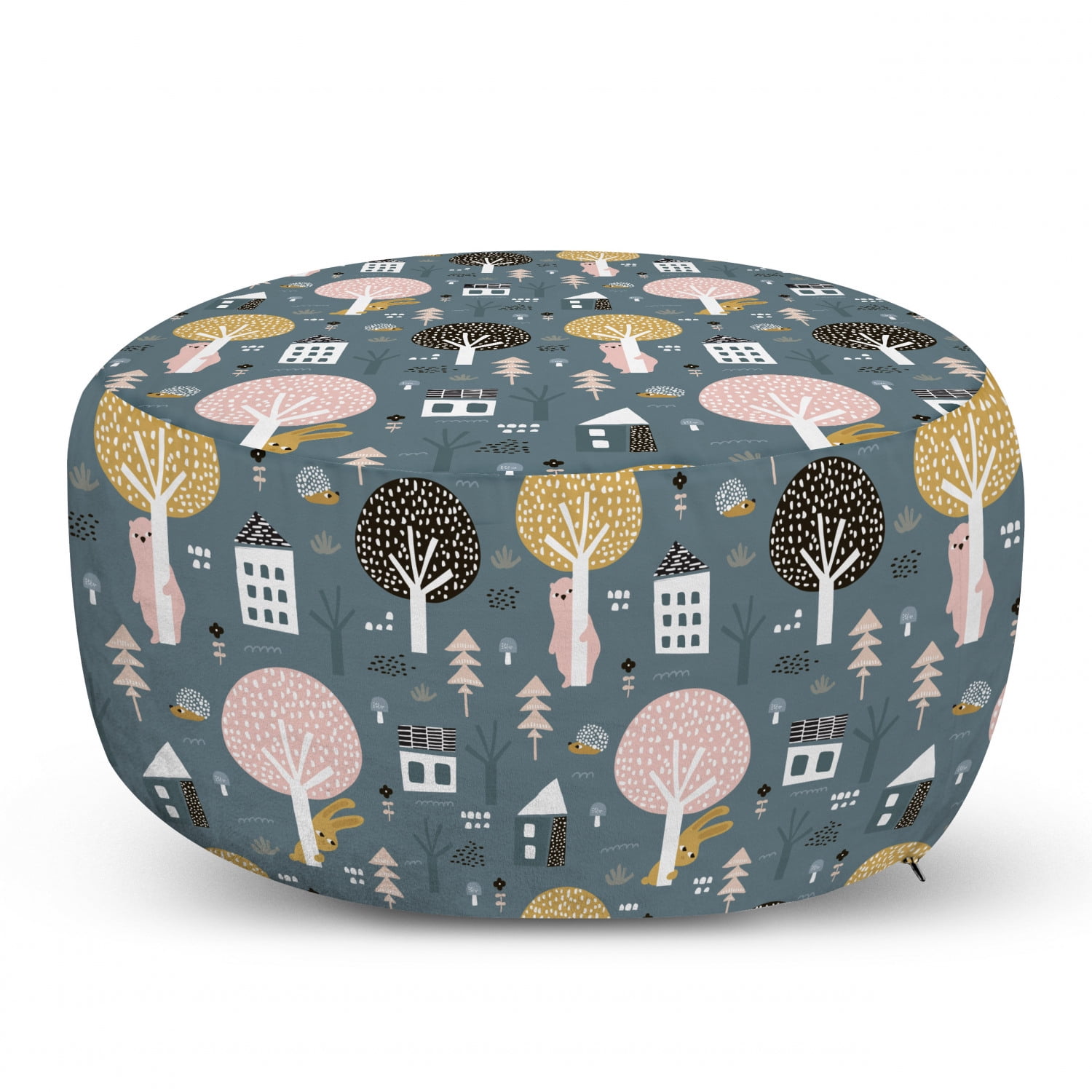 Nature Ottoman Pouf, Cartoon Bears Bunny Hedgehog Trees and Floral