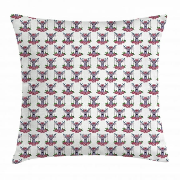 Tattoo Throw Pillow Cushion Cover, Deer Heads with Accessories Hanging from Its Antlers and Pink Peony Flowers, Decorative Square Accent Pillow Case, 16 X 16 Inches, Mauve Coral Green, by Ambesonne