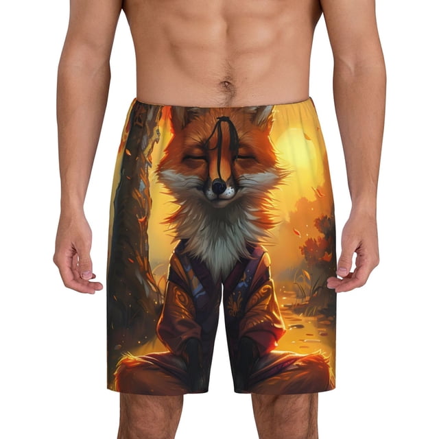 Balery Sunset Maple Tree Fox Pantalones cortos de pijama de punto de algodón para hombre con cinturilla y bolsillos-Large