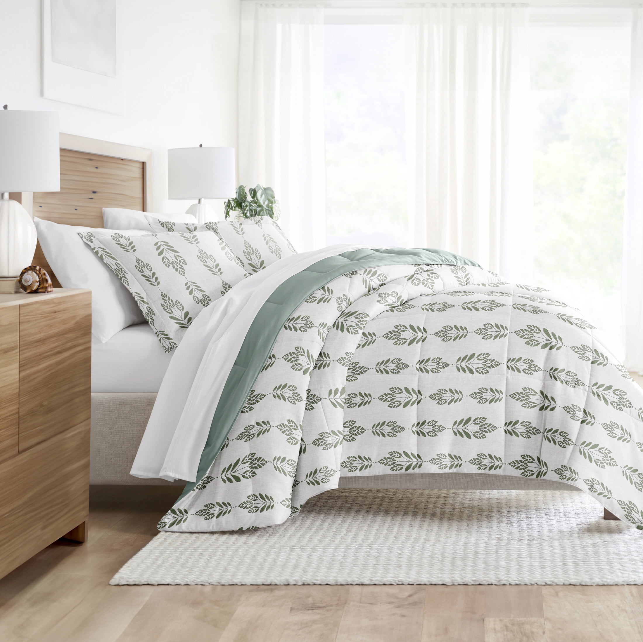 Noble Linens Down Alternative Folk Leaves Eucalyptus Reversible Comforter Set