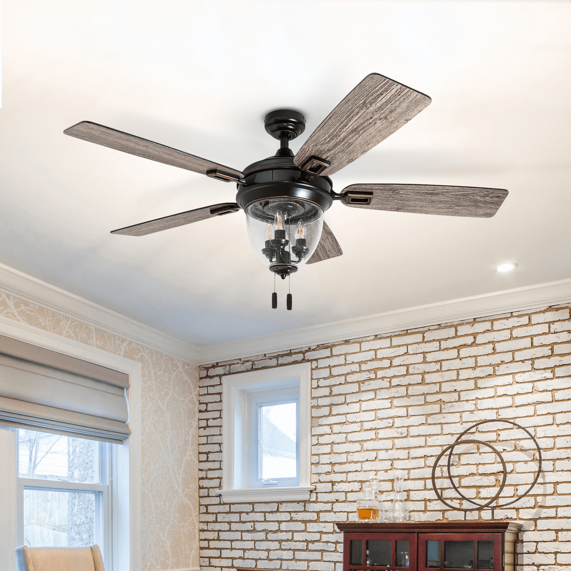 Better Homes & Gardens 52" Matte Black Indoor/Outdoor Ceiling Fan with Lights, 5 Blades, Pull Chains & Reverse Airflow