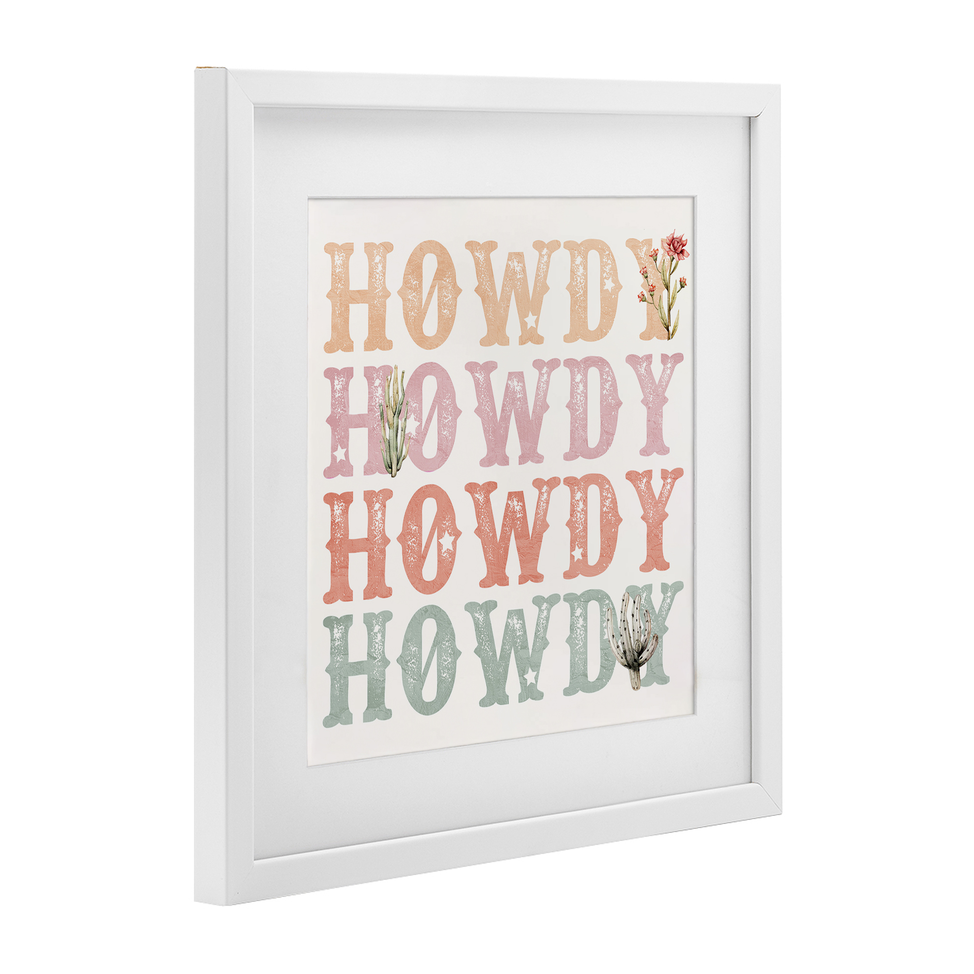 Vintage Howdy Rainbow Text White Framed Print Under Glass, design by Kim Allen