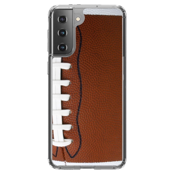 DistinctInk Clear Shockproof Hybrid Case for Galaxy S21  PLUS 5G (6.7" Screen) - TPU Bumper, Acrylic Back, Tempered Glass Screen Protector - Football Texture Photo Laces