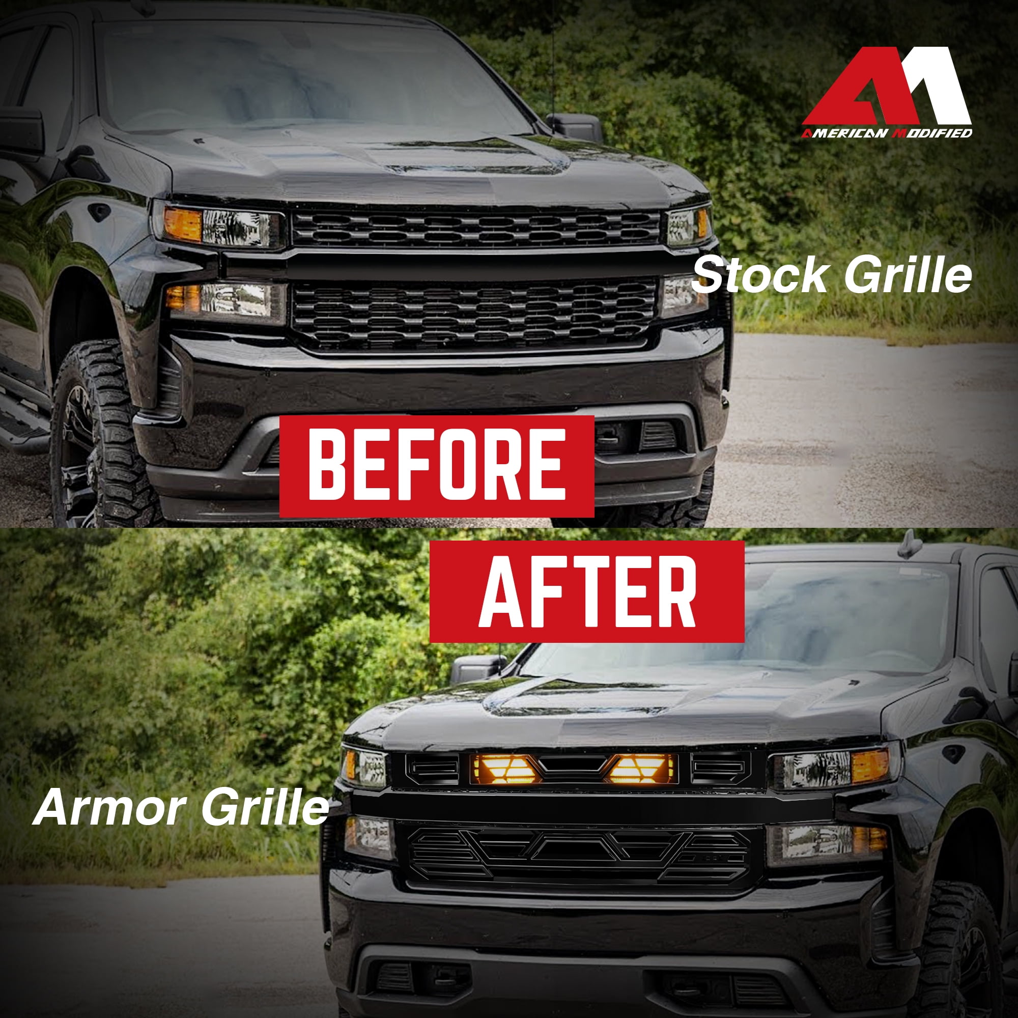 AMERICAN MODIFIED Grille w/LEDs for 19-21 Chevy Silverado 1500, Gloss Black